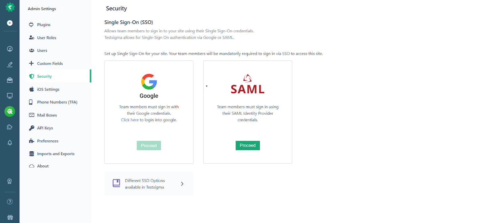 security page under settings in Testsigma