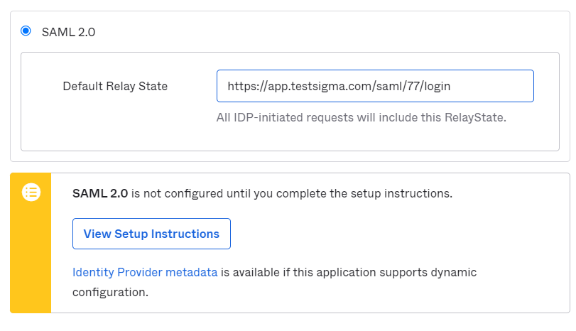 View setup instructions to use while configuring SAML for Testsigma