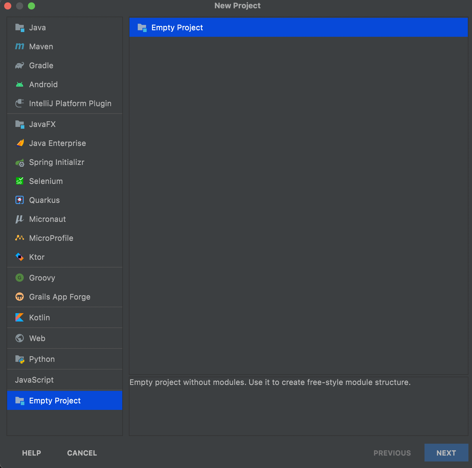 Creating a new empty project in IntelliJ IDE