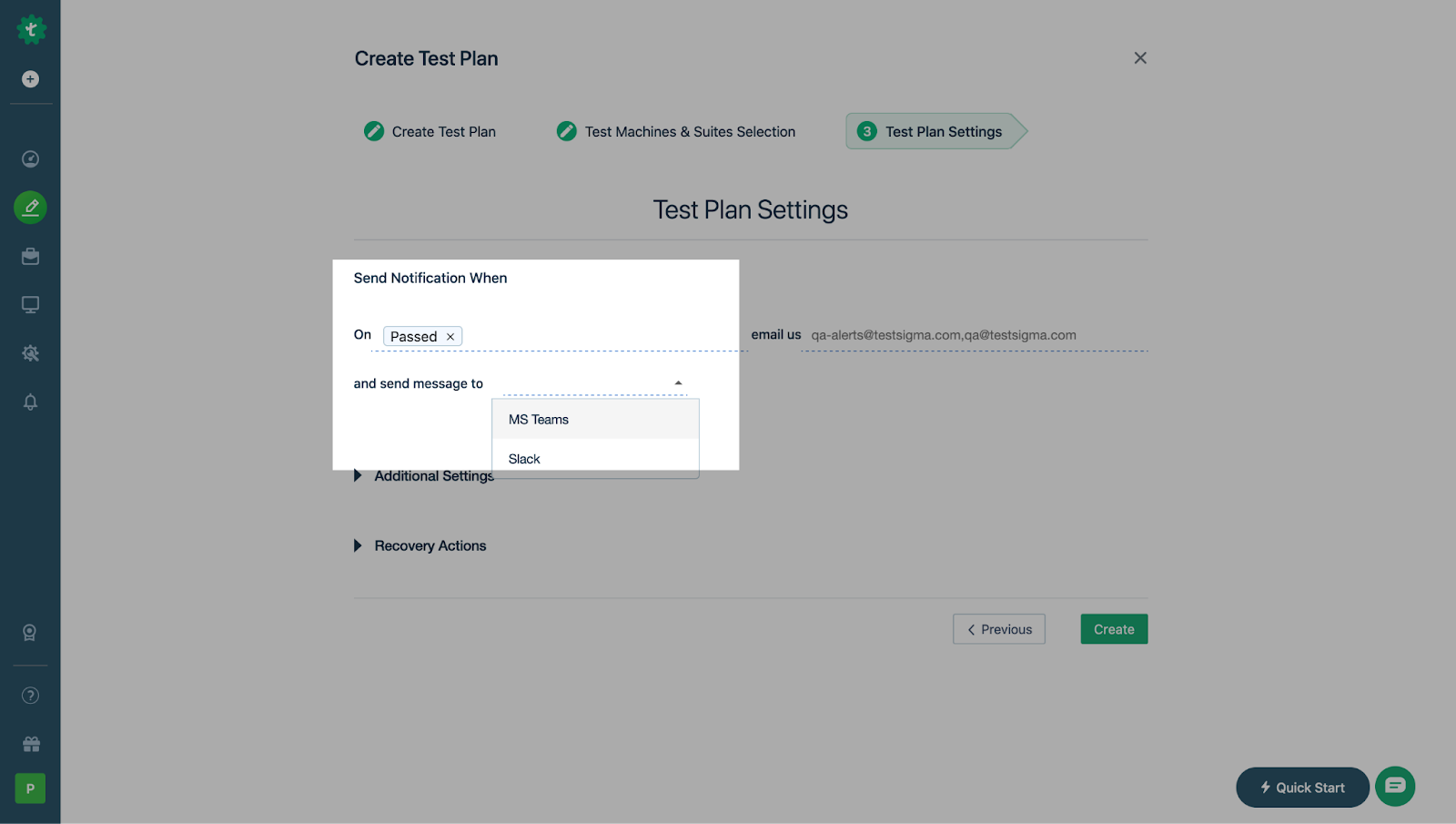 Send notification settings under Test Plan Settings 