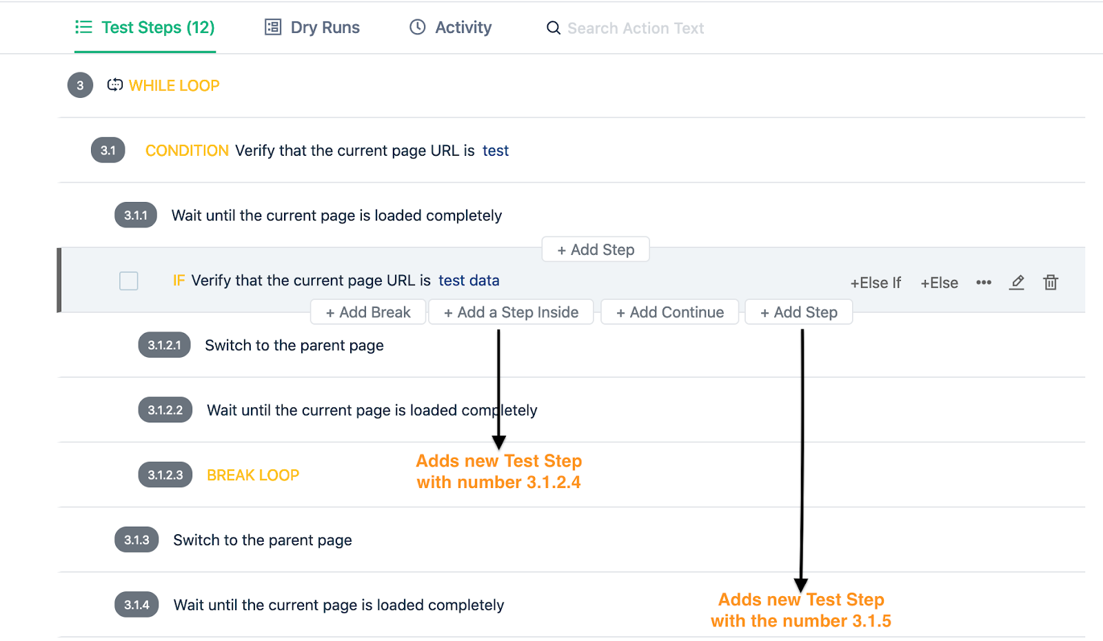 Add Step actions in Test Step Actions