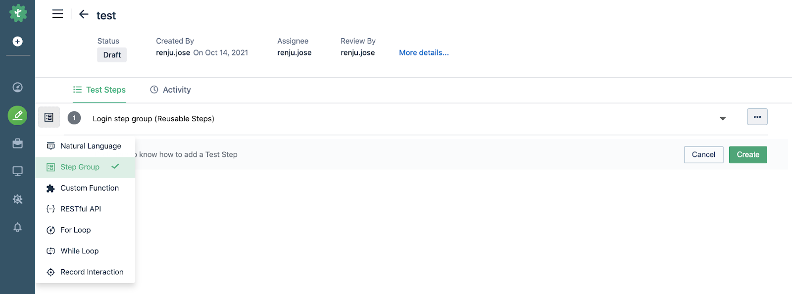 click on test step type menu