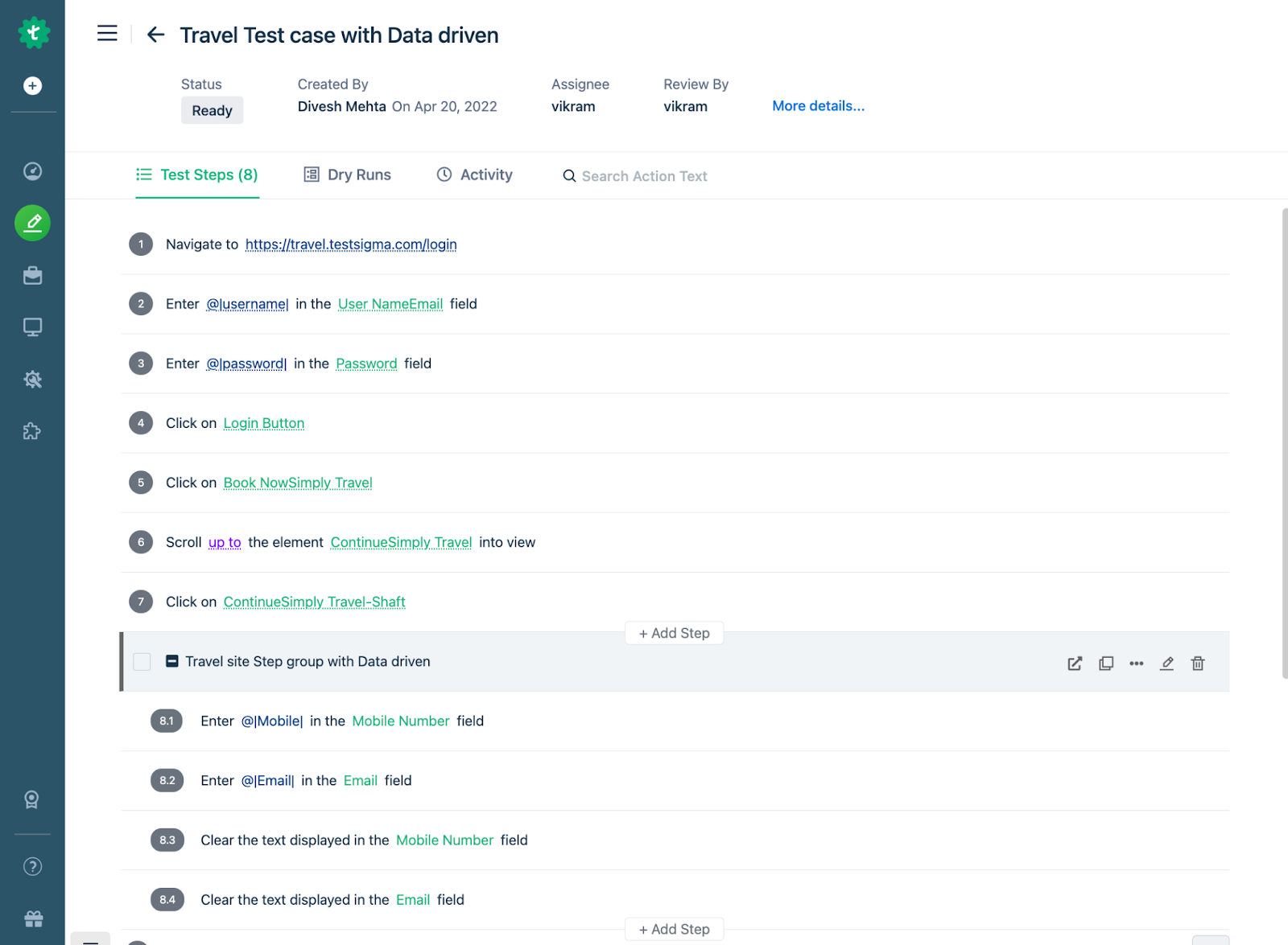 Data Driven Step Group Details on test case