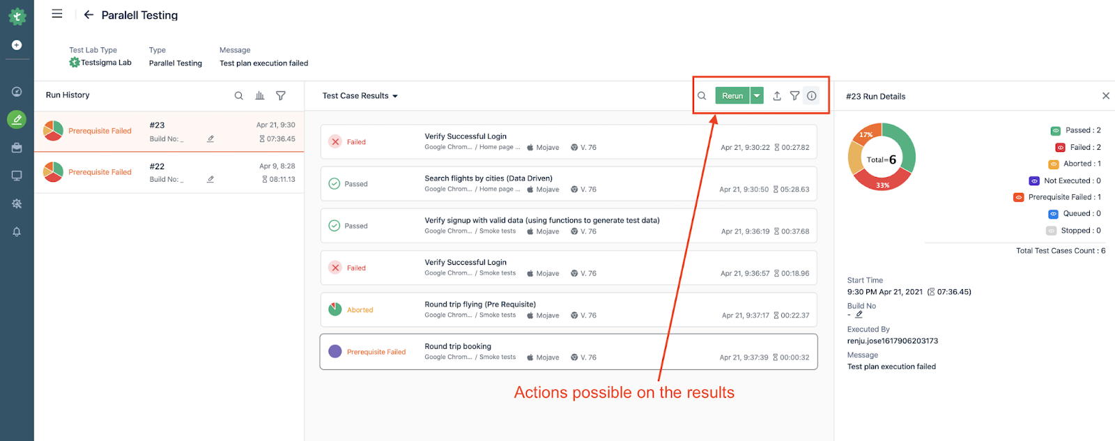 Other options to filter and search test case results in Testsigma