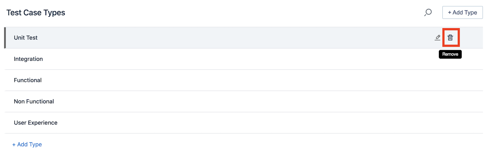  test case type delete button