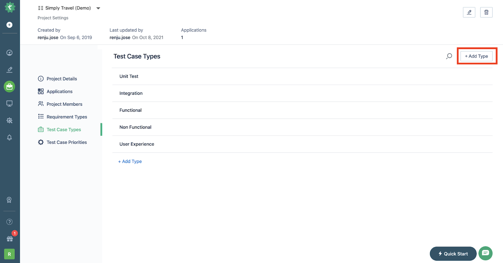 test case types add button