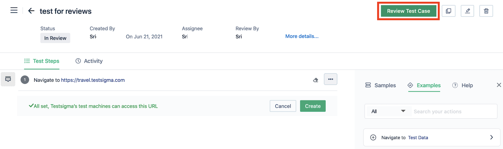 Review Test Case Button on Test Case Page in Testsigma