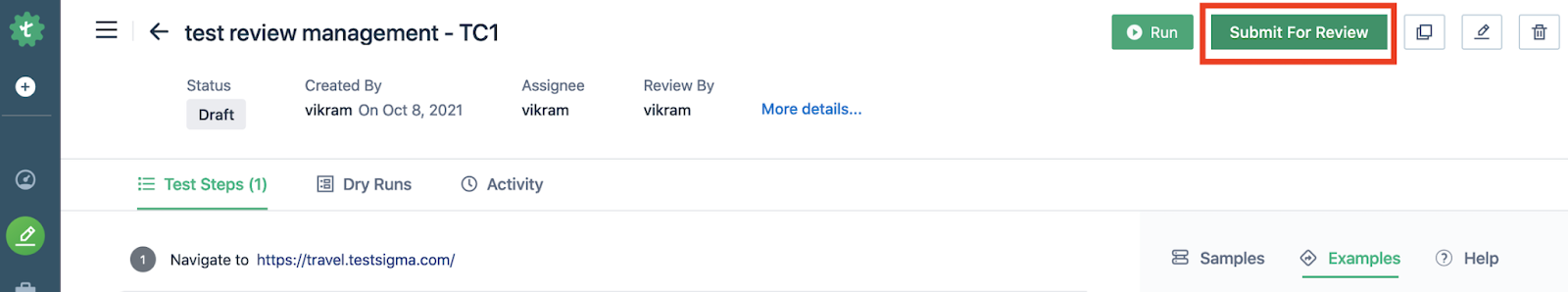 submit for review button on a test case page in Testsigma