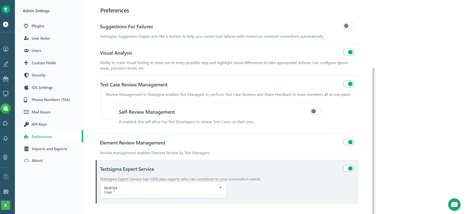  test case review management and self review management options in Testsigma