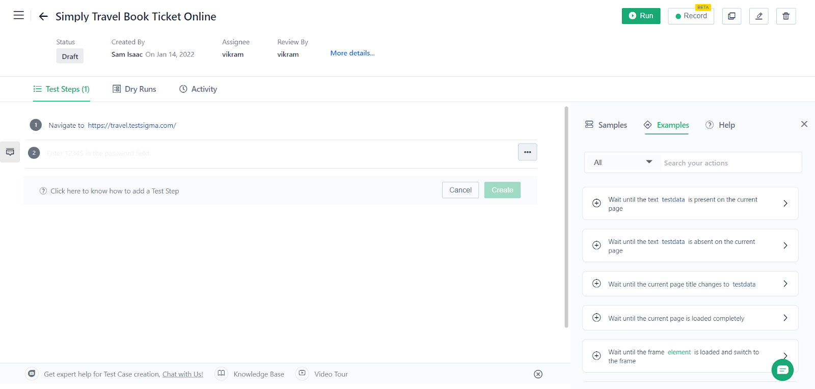 Create First Action Step for Simplytravel test case