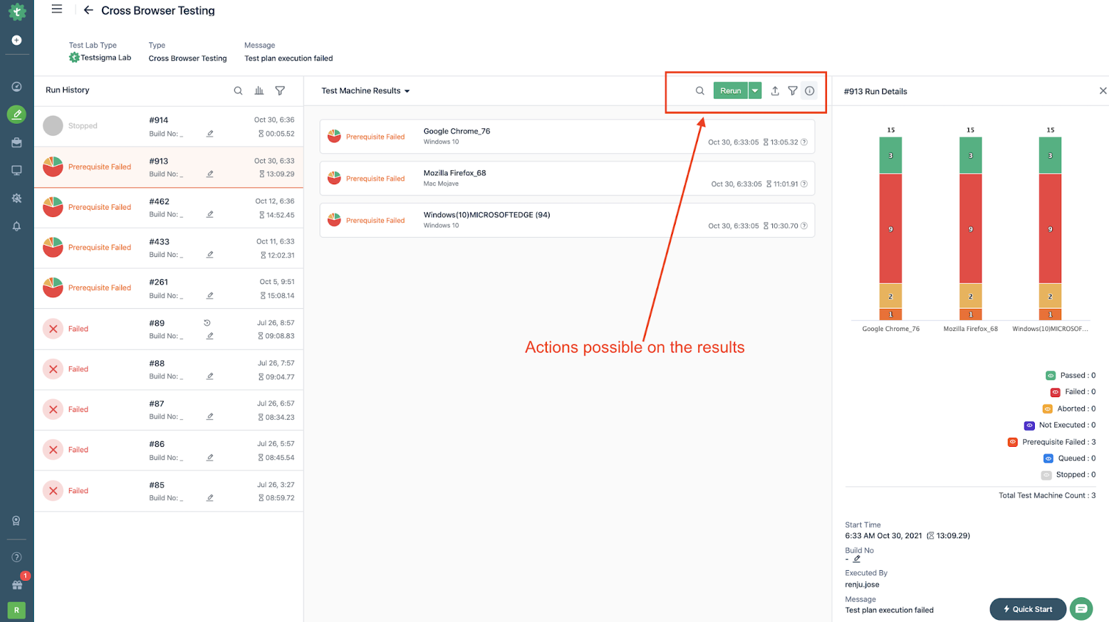 Other options to filter and search test machine results in Testsigma