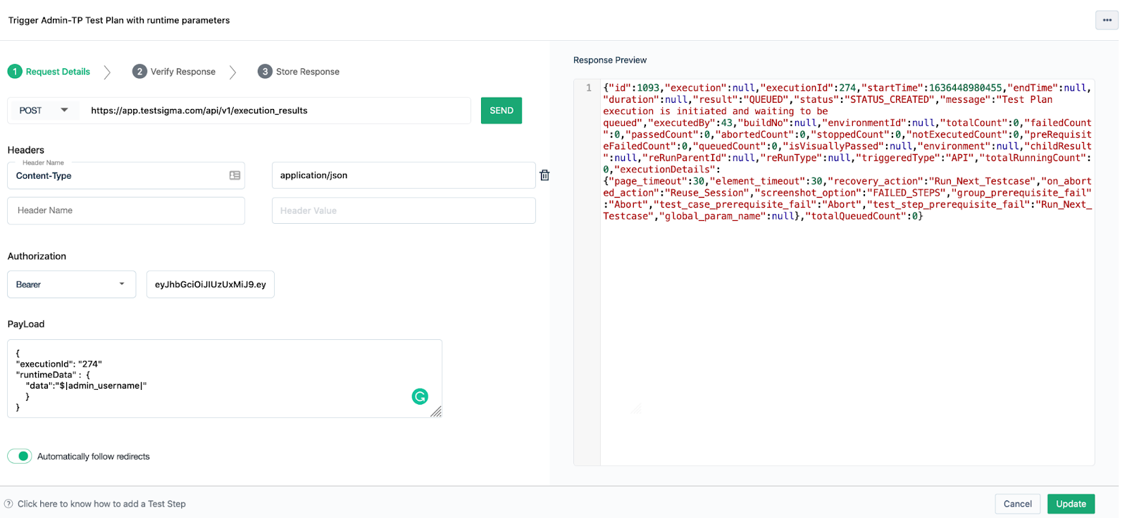 Testsigma REST API Step to trigger new Test Plan