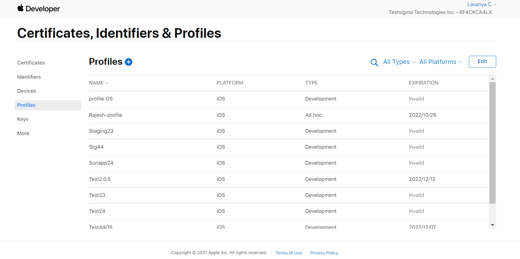 Create profile in Apple developer portal