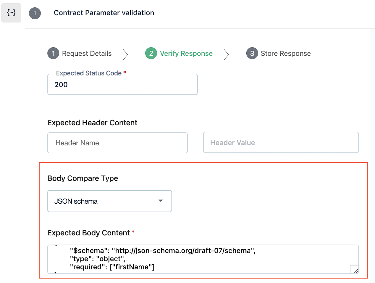 Expected body content under Verify Response Tab to execute contract testing with Testsigma