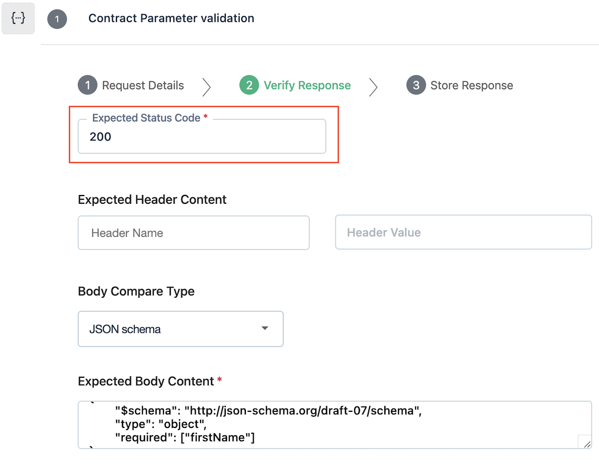 expected status code under verify response tab to execute contract testing via Testsigma