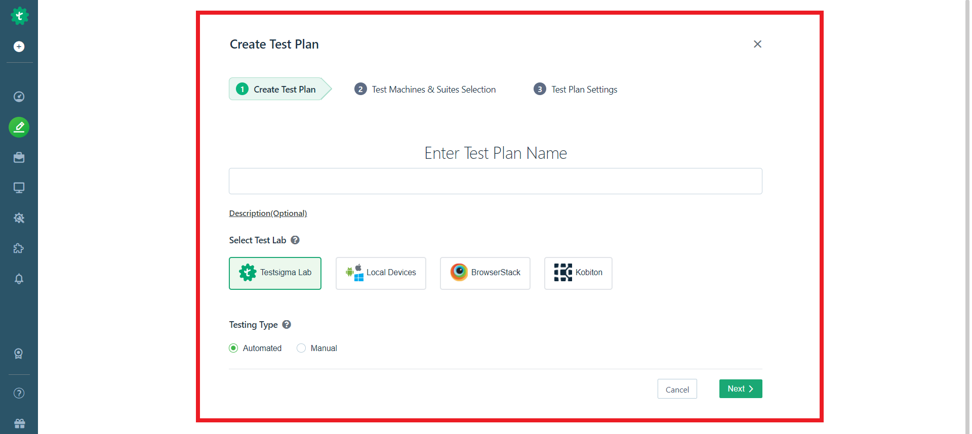Enter details to create a test plan