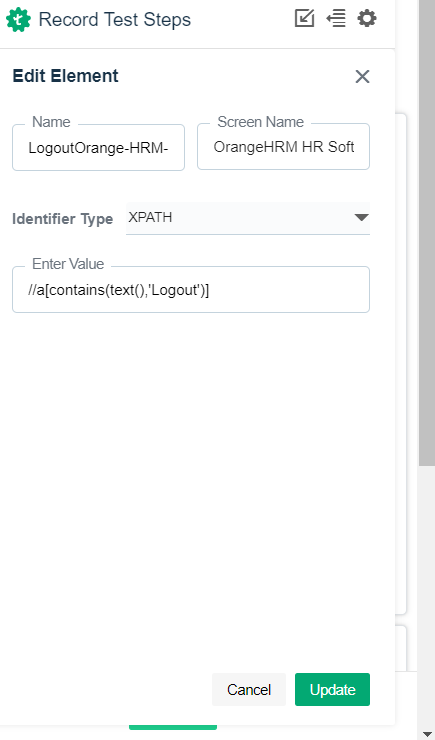Multiple options on the edit Elements screen window in Test recorder