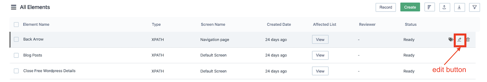 edit button for an element in all elements page for android project in Testsigma