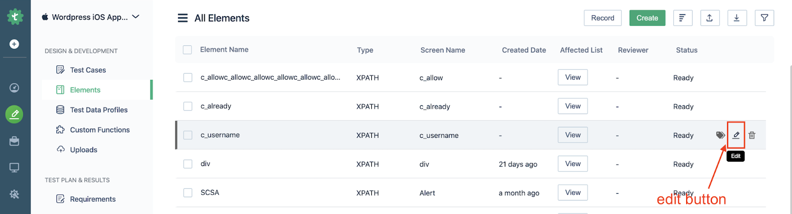 edit button for an element in all elements page for iOS project in Testsigma