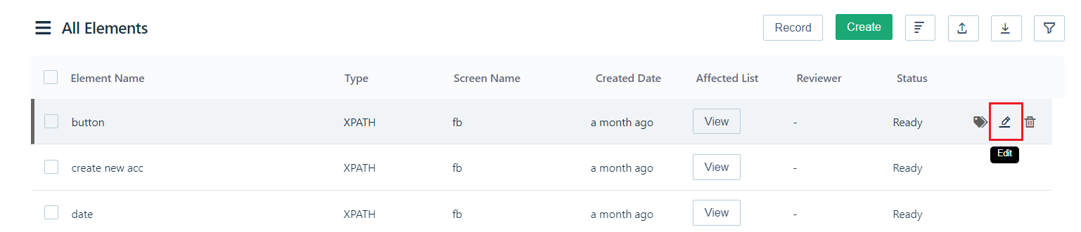 edit button for an element in all UI identifiers page in Testsigma