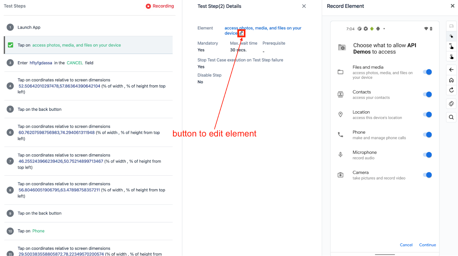 edit element button on test step details section for testsigma Recorder for android
