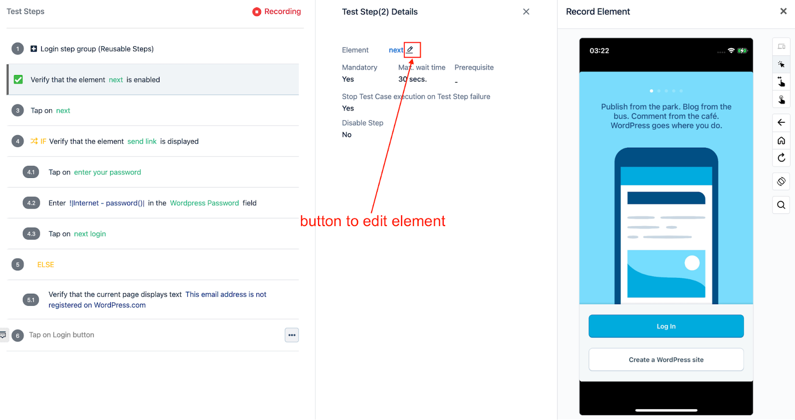 edit element button on test step details section for Testsigma Recorder for iOS