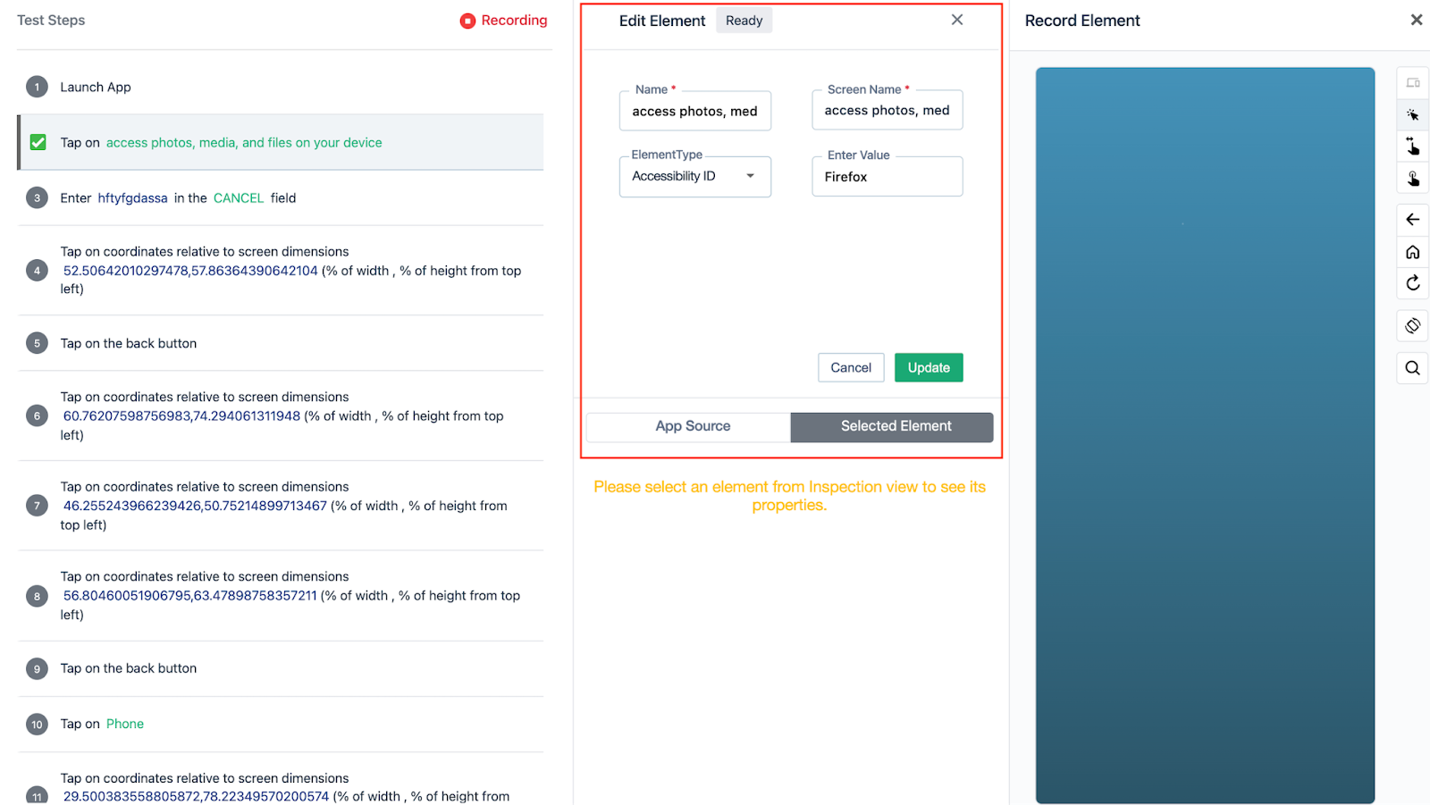 edit element UI from test step details section on the Recorder UI for an android project in Testsigma