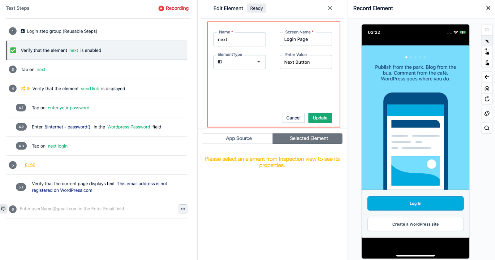 edit element UI from test step details section on the Recorder UI for an iOS project in Testsigma