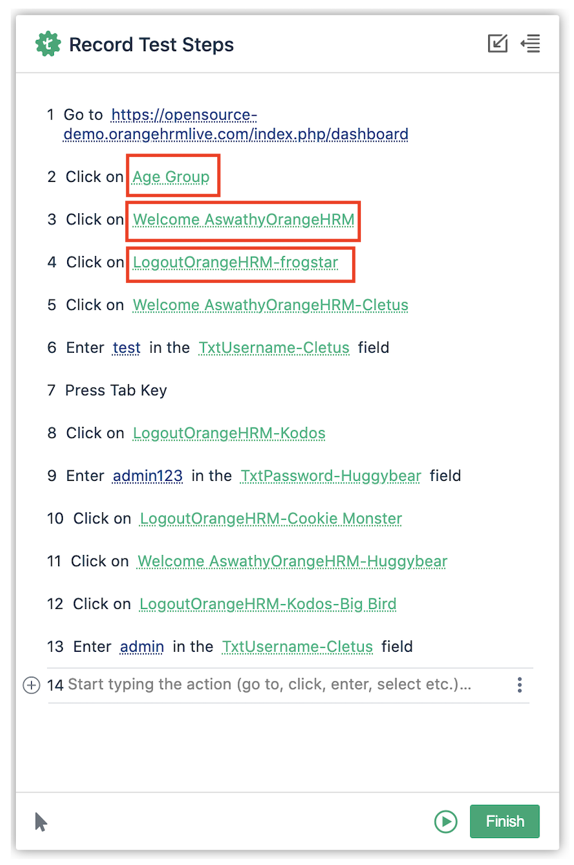Highlighted example Elements in Test recorder