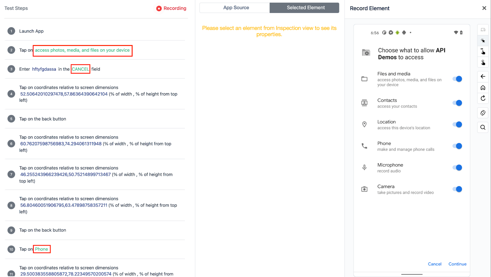 Highlighted example elements in Testsigma Recorder