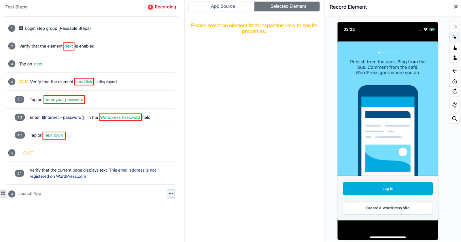 Highlighted example elements in Testsigma Recorder for iOS