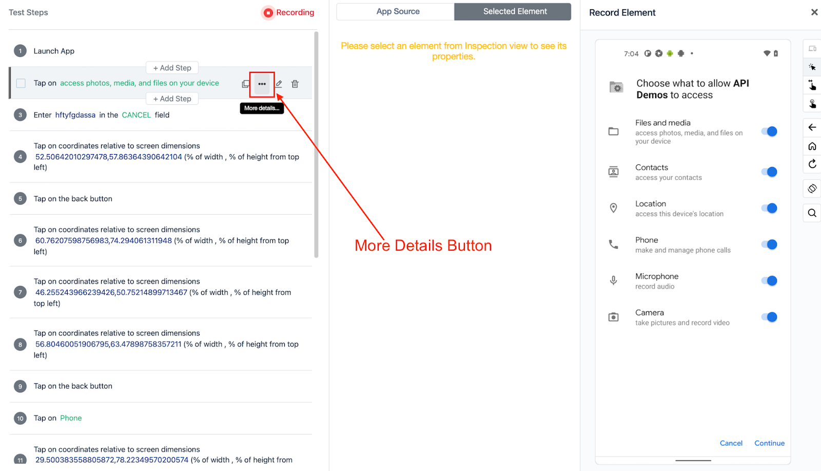more details button for a test step in an Android Project in Testsigma while using the Recorder