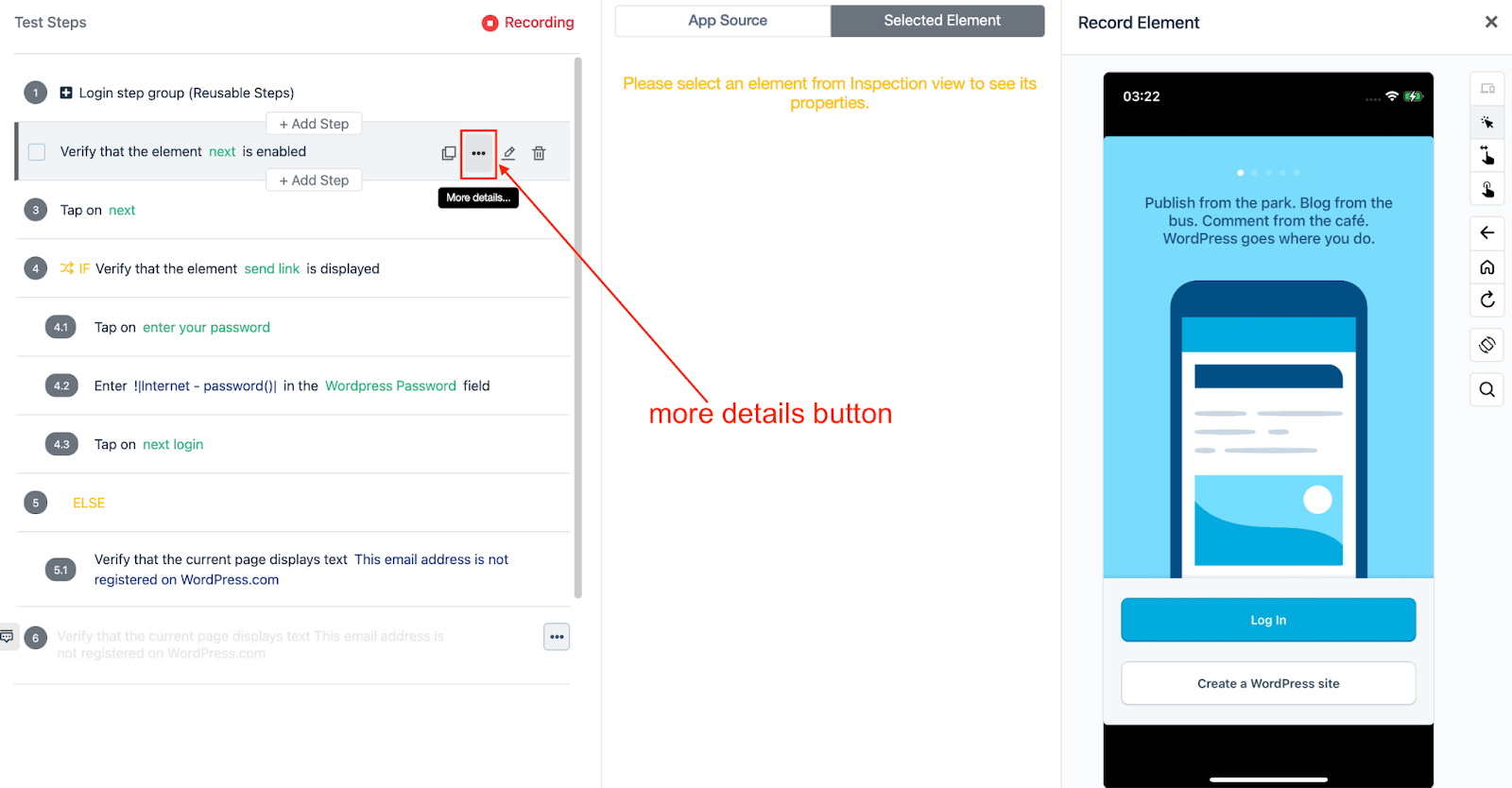 more details button for a test step in an iOS Project in Testsigma while using the Recorder