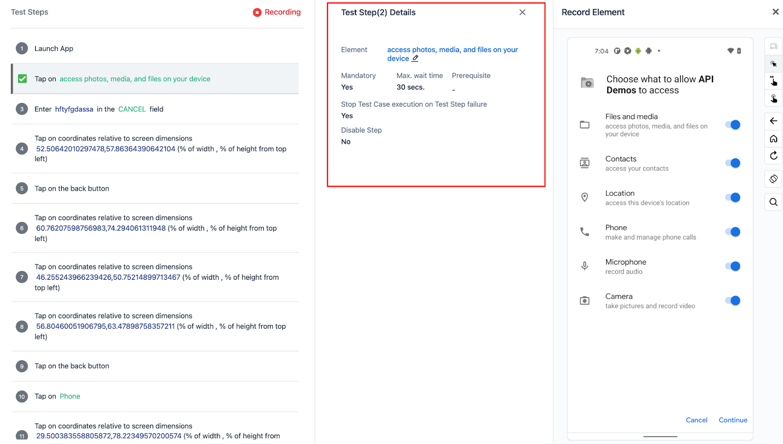 test step details for an Android test case on Testsigma Recorder UI