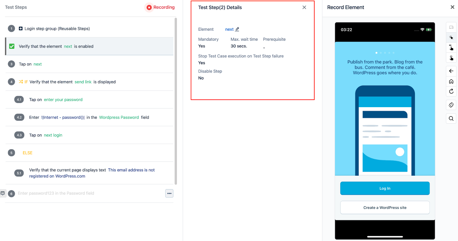 test step details for an iOS test case on Testsigma Mobile Inspector UI