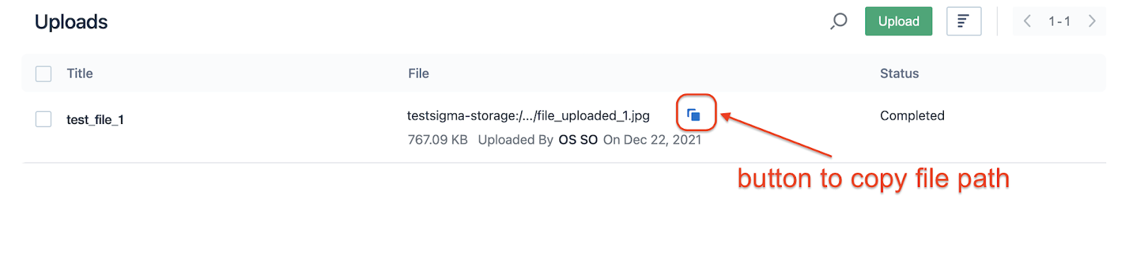 copy file path on uploads page in Testsigma