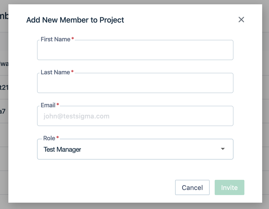 Add New Member to Project form in Testsigma