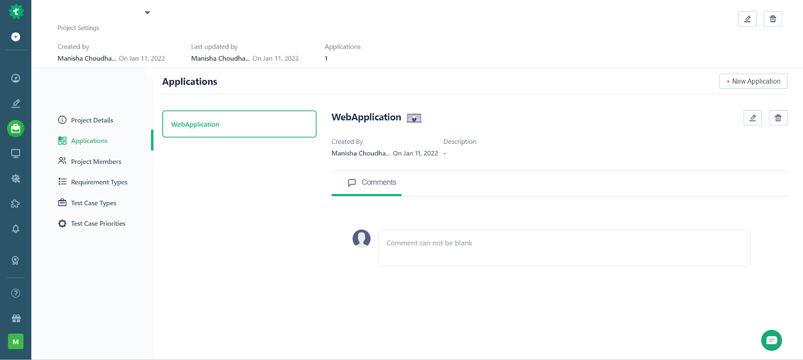applications option under project settings in Testsigma