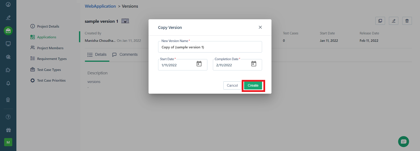create button to copy a version corresponding to an application in a project in Testsigma