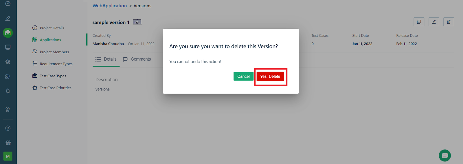 confirm action pop-up for deleting a version corresponding to an application in a project in Testsigma