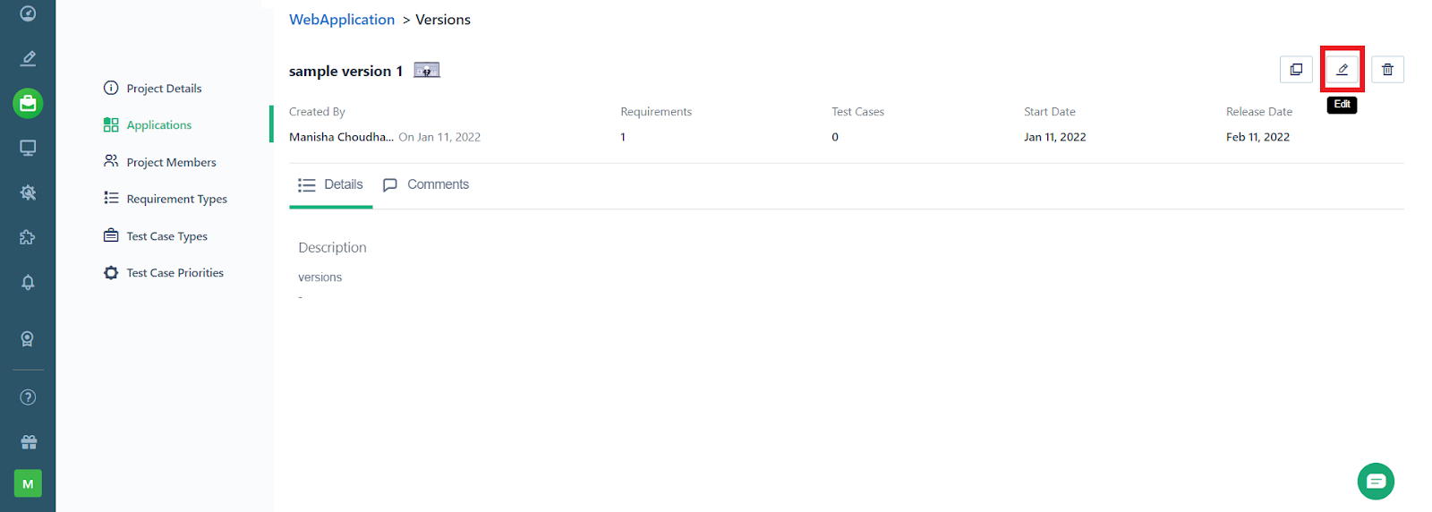 edit button for a specific version of an application for a project in Testsigma