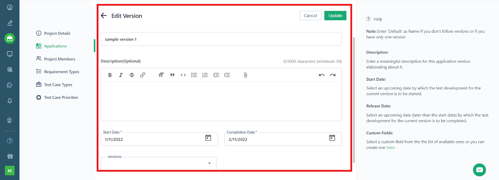 edit version form of an application for a project in Testsigma