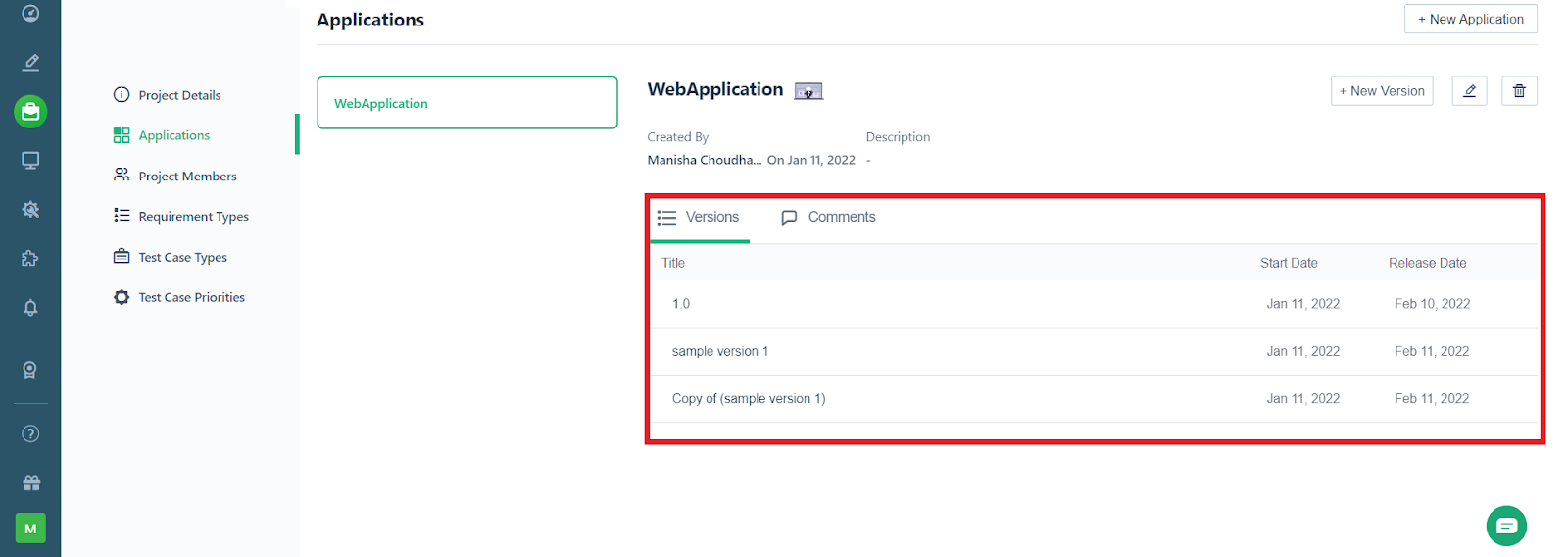 new copied version corresponding to an application in a project in Testsigma