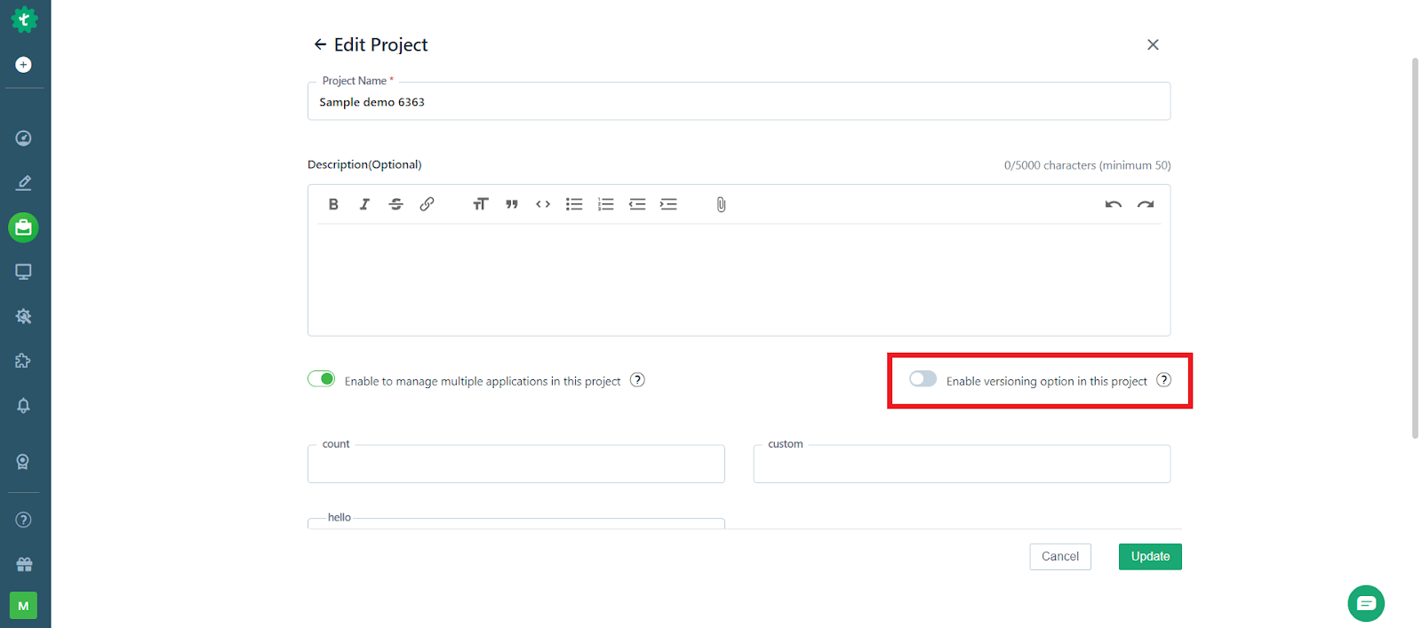 option to enable versioning for a project on the edit project form in Testsigma