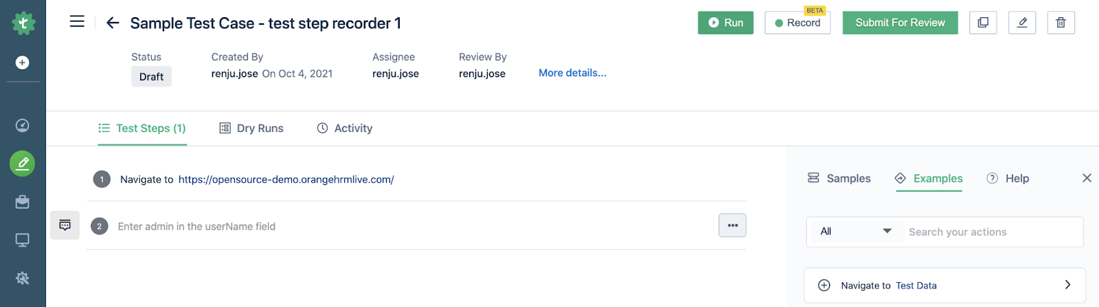 test case page with navigate step in Testsigma