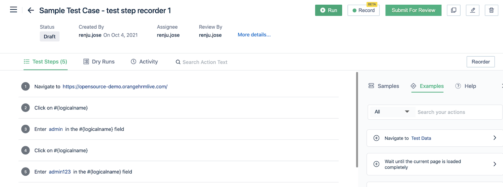 sample test case via test step recorder in Testsigma