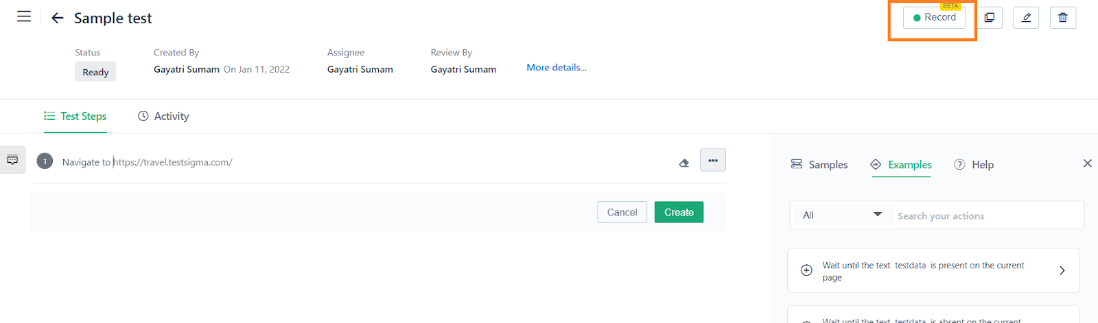 Record button for a test case when creating a while loop in Testsigma