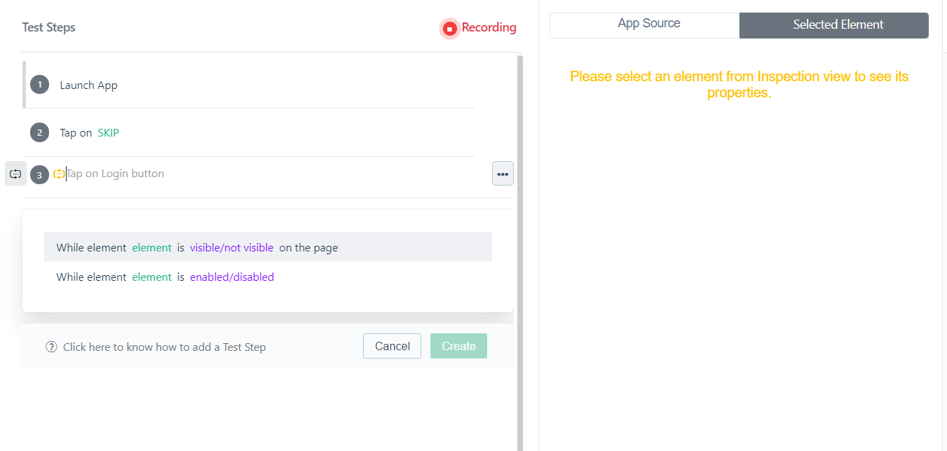 While loop steps when creating a while loop in Testsigma via recorder