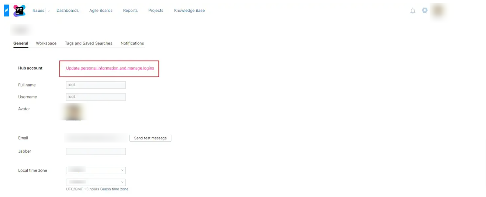 Manage Logins link highlighted under General tab on Youtrack Profile page