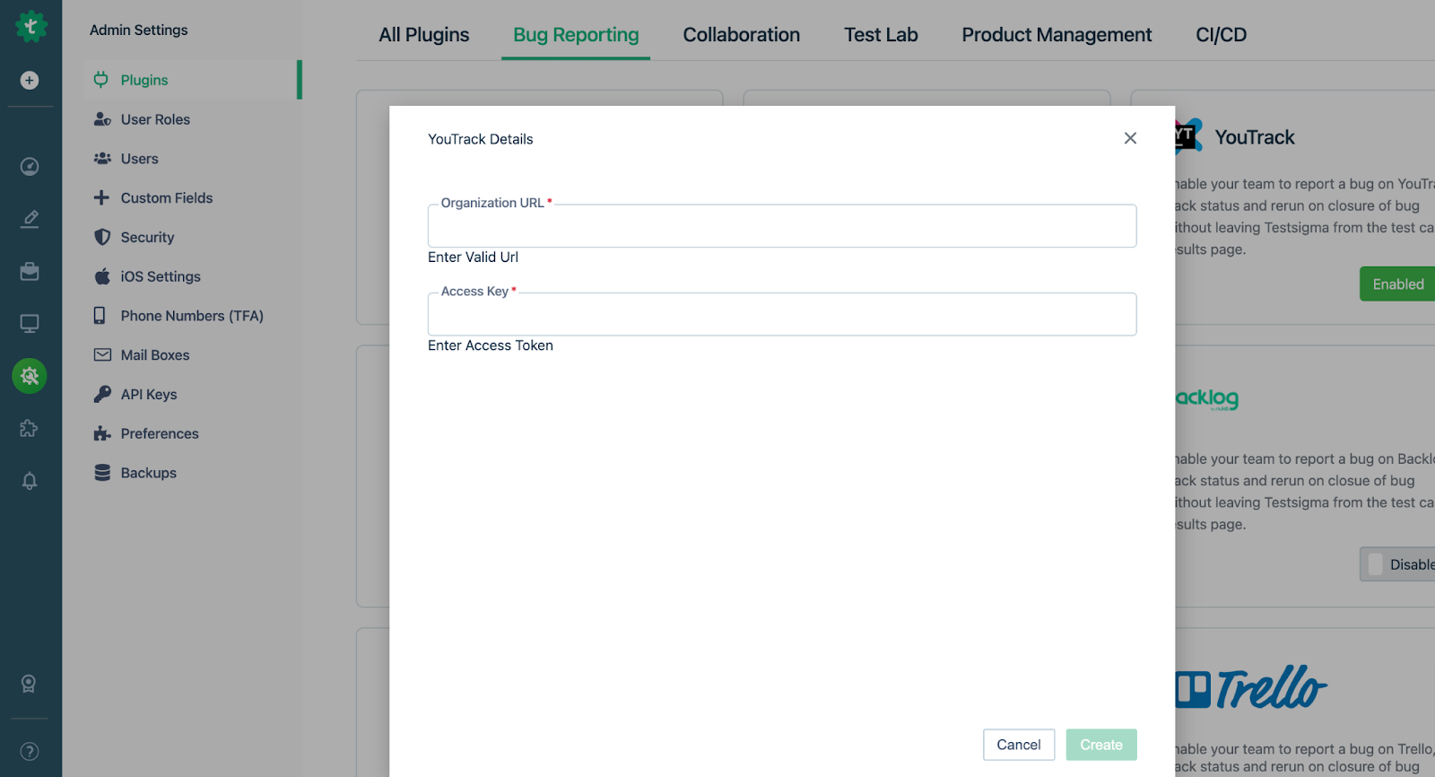 Add Youtrack Integration form